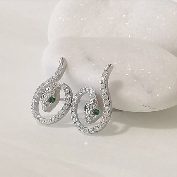Genuine emerald gemstone CZ snake stud  earrings in Sterling Silver 🆕 - Picture 2 of 10